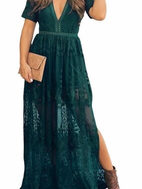 Dark Green Lace Maxi Dress with Deep V-Neck